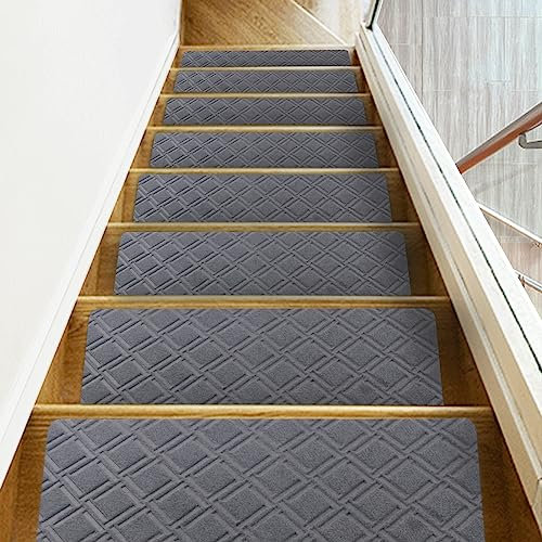Triceratops 20cmx76cm (14-Pack) Stair Treads Carpet Non-Slip, Indoor Stair Runners for Wooden Steps, with Non Skid Rubber Backing Removable Washable Step Runners Perfect for Pets(Gray