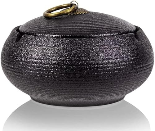 AF-WAN Retro Keramik, Aschenbecher mit Deckel für Draußen, Einfachheit Zigarren Aschenbecher für Zuhause und Büro Dekoration (11X7.2cm) (Schwarz)