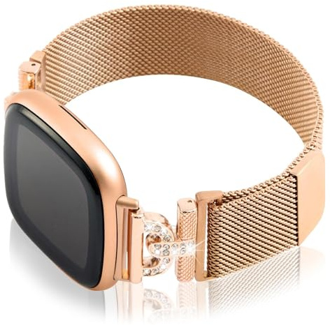 HAYONLIY Magnetic Bands Compatible for Fitbit Sense 2/Fitbit Versa 4/Fitbit Sense/Fitbit Versa 3, Mesh Stainless Steel Bling Strap, Dressy Replacement Adjustable Wristband for Women