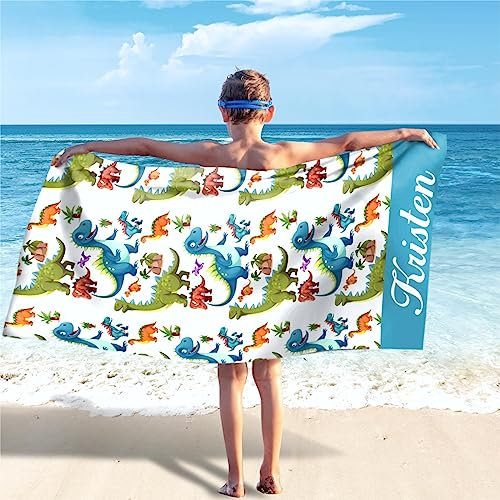 SearchI Personalisiertes Strandtuch mit Namen 76x152cm Kein Sand Schnell Trocknendes Badetuch Mikrofaser Strandtuch Personalisierte Geschenke für Fitness,Reisen,Strand,Sauna,Outdoor(Dinosaurier 2)