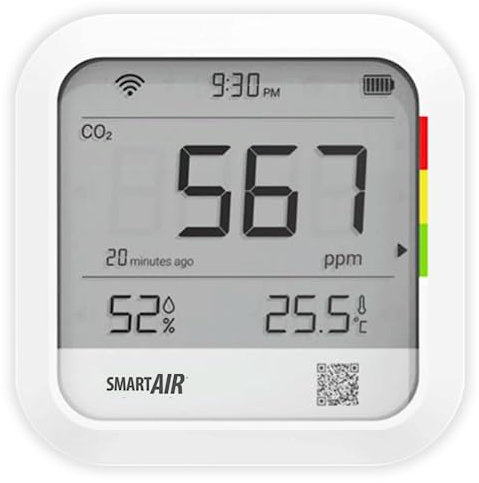 CO2 monitor from Smart Air, NDIR sensor from Sensirion, Temp & Humidity. Real time, long battery life, set custom alerts