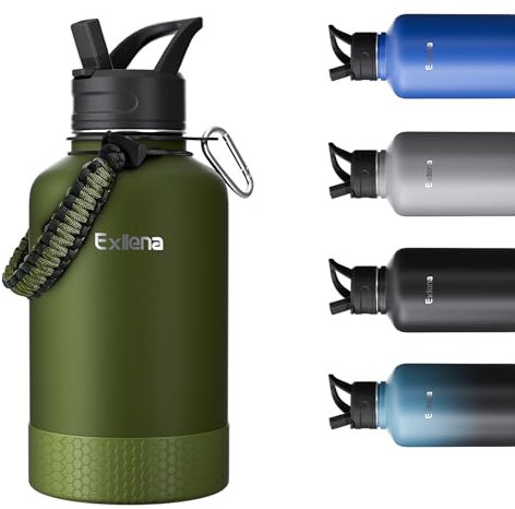 Exllena Borraccia 2 Litri Termica - Bottiglia Termica 18/8 Acciaio Inox Senza BPA con 2 Coperchi e Manico in Paracord - Tenuta Stagna Borraccia Grande per Palestra, Escursionismo...(Verde Militare)
