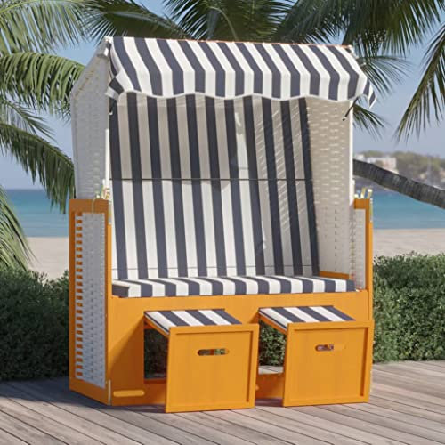 BIGBARLEY Stühle für den Außenbereich, Loungesessel, Bequeme Sitzgelegenheiten für Terrassen, Gärten und Höfe,Strandkorb mit Dach Poly Rattan & Massivholz Weiß & Blau