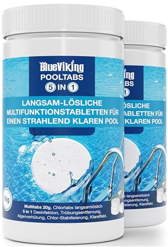 BlueViking Chlortabletten für Pool 5 in 1 - Hochwirksame Multitabs Pool 20g im 2X 1kg Eimer - Chlor Pool Tabletten in EU Premium-Qualität - Einfache, Sichere und Effiziente Poolpflege
