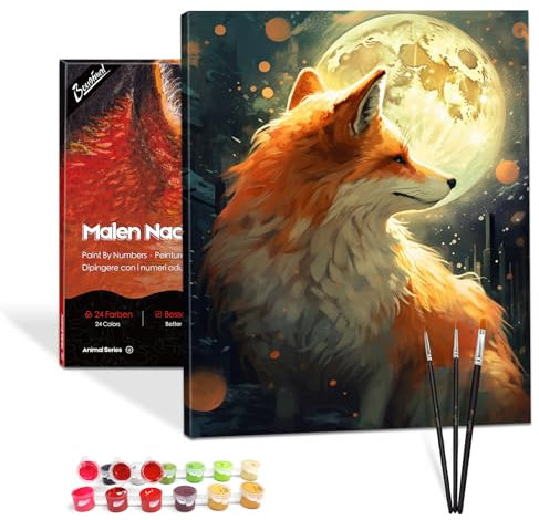 Bougimal Malen Nach Zahlen Erwachsene Tiere mit Rahmen inklusive Pinsel und Acrylfarben - 40 x 50 cm, Fuchs unter dem Mond