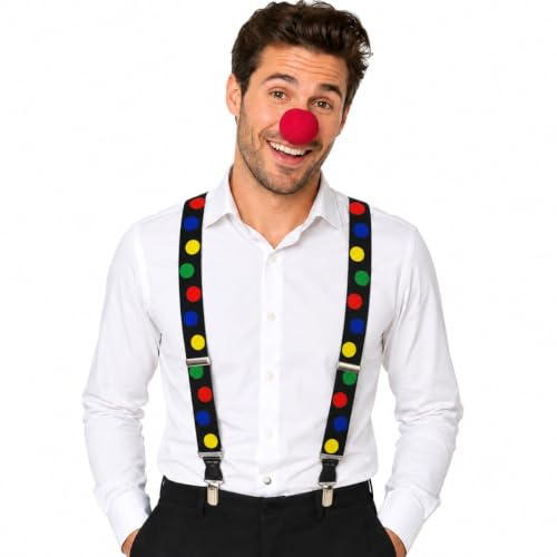 Clown Kostümset Polka Dot | Schwarz Bunt - Hosenträger Clownsnase