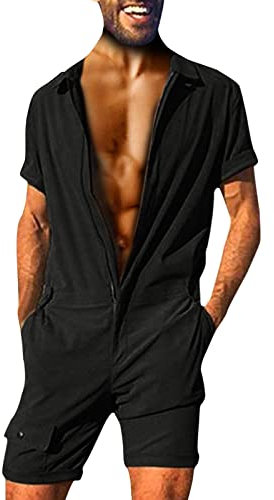 Jumpsuit Herren Kurz, Overalls & Jumpsuits Für Männer Arbeitshosen Stretch Slim Fit Leinen-Overall Sommer Arbeitsoverall Latzhose Kurzarm Strampler Mit Knöpfen Trainingsanzug Jogginganzug
