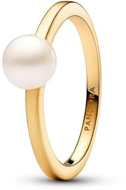 Pandora Timeless Anillo chapado en oro de 14 quilates con perla blanca cultivada de agua dulce tratada, talla 50