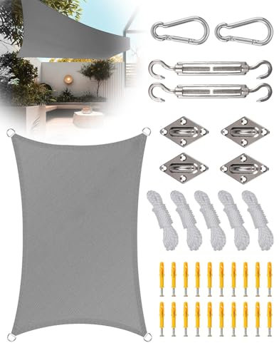 2M*3M Sun Shade Sail Waterproof, Rectangle Sun Shades for Garden Outdoor Patio Backyard Party, Sun Canopy for Garden Rain Shelter Wind Shield 95% UV Block with Fixing Kit with Rope, Grey