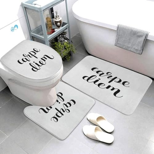 Badematten & Badteppiche Set 3 Teilig,Carpe Diem Nutze den Tag Pinsel Hand Schriftzug Inspirierendes Zitat Motivierend Moderne ,Mikrofaser Flauschige Badezimmerteppich Waschbar rutschfeste Badvorleger
