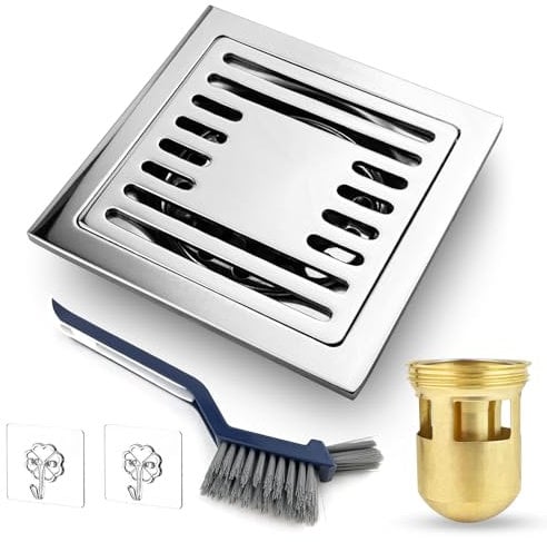 SDwfxd 1 sifone da pavimento, 100 x 100 mm in acciaio inossidabile rimovibile scarico doccia quadrato, piletta doccia AVCE 1 pz spazzole per cucire pavimento, 2 pz gancio adesivo, sifone doccia per