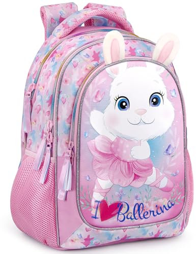 Julian Ross Schulrucksack Mädchen 43×33×15 cm – Design mit 3D-Hasenohren, ergonomisch, gepolsterte Träger, verstärkter Boden – Grundschule Klasse 1–4 – mit Trolley-Schlaufe – Fanartikel