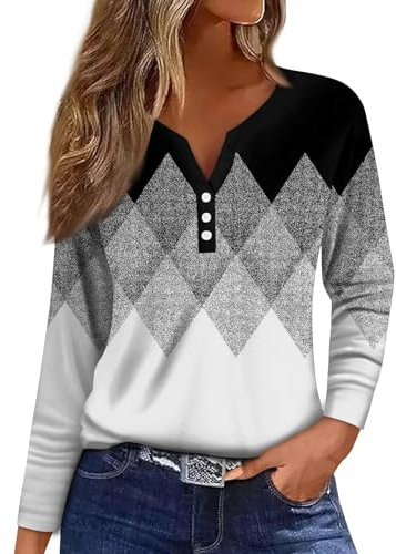 V-Ausschnitt Blusen Damen Langarmshirt Mit Knopfleiste Für Frauen 2024 Urlaub Trendy Boho Shirts Vintage Bedrucktes Blumen Casual Tunika Kleidung Freizeit Blusen & Tuniken (Black,3XL)