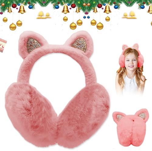 UQTUKO Cache-Oreilles Enfants Hiver - Oreilles de Chat Design Pliable, Chaud Moelleux Earmuffs Doux en Peluche pour Filles d'Extérieur (Vieux Rose)