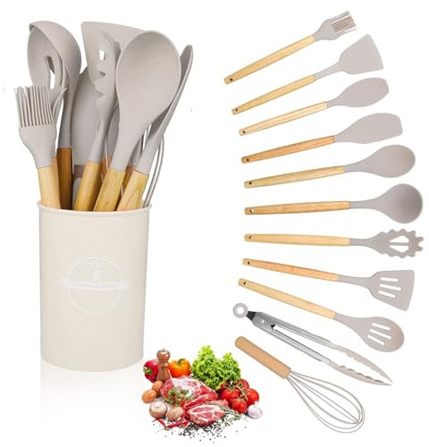 Kitchen Utensil Set 12 PCS Silicone Cooking Utensils Set with Wooden Handle Non-Stick Cooking Spoons Utensil Sets Silicone Kitchen Utensils Set Heat Resistant Kitchen Tools (Khaki)