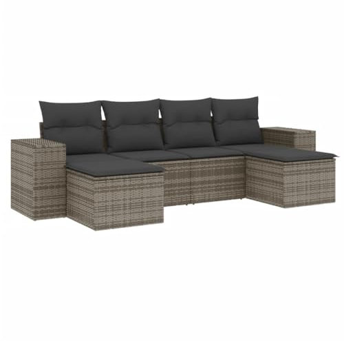 HETFTJN Eckbank Mit Tisch Gartenmöbel Set Lounge Gartenmöbel Campingtisch Mit Stühlen - 6-TLG. Garten-Sofagarnitur mit Kissen Grau Poly Rattan für Balkon Restaurant Hof Café
