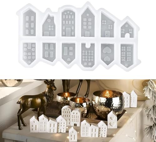 moules en silicone pour maison, bougies à mouler, moule maison, Mini moule en silicone, moules silicone Noël, Décoration de Noël, pour le plâtre, le béton, la cire, Faire 12 mini maison