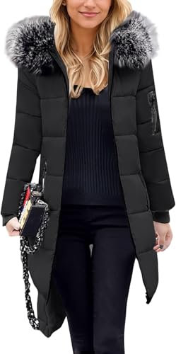 Wintermantel Damen Warm Pelzkragen Steppjacke Mantel Damen Winddicht Winterjacke Dicke Winterjacke Damen Elegant Wintermantel Damenjacken Winter Casual Jacke Damen Winter Lang（Black,XX-Large)