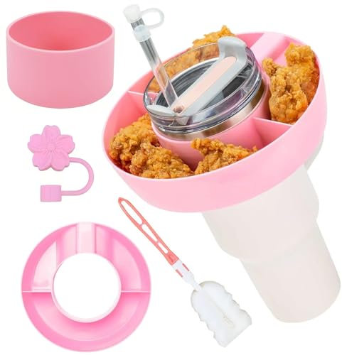 Stanley Snack Tray Set - 40oz Stanley Snack Bowl, 4 Silicon Compartments Tray Stanleys Cup Accessories kit with Bottom Grip & Straw Cover Caps, Stanley Cup Compartments for Candy, Popcorn, Fruit