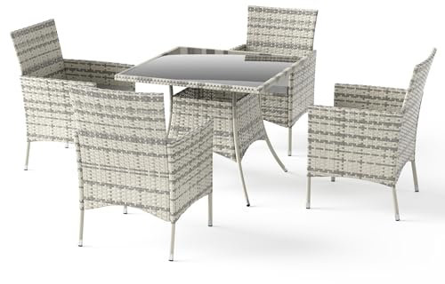 Trumbeak Sitzgruppe für 4 Personen,Gartenmöbel Polyrattan 5-teilig,4 Stühle,Tisch mit Glasplatte,Wetterfest Polyrattan Möbel für Garten,Balkon,Terrasse,Grau
