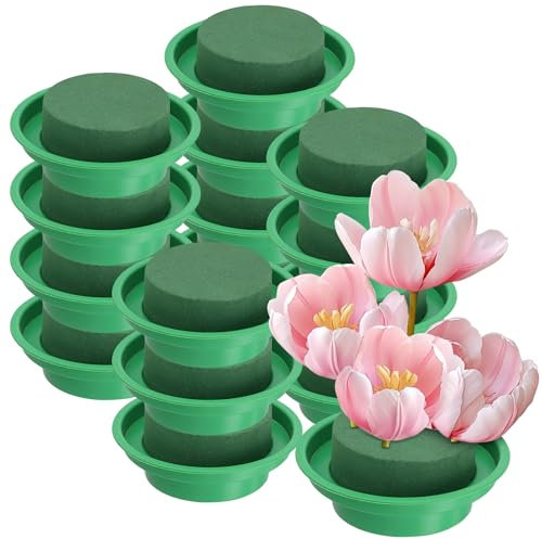 MUKSEUT 16 Pack 3 In / 8cm Round Floral Foam with Bowl, Green Floral Foam, Flower Foam Block with Tray, Flower Arrangement Foam for DIY Craft, Wedding, Florist Supplies