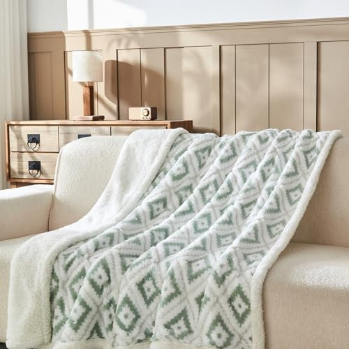 Wajade Böhmische Kuscheldecke Rhombus Flauschige Fleecedecke Winter Warme Plüschdecke Luxuriöse Kunstfelldecke Weiche Decke für Bett Couch - Grün 153 * 203