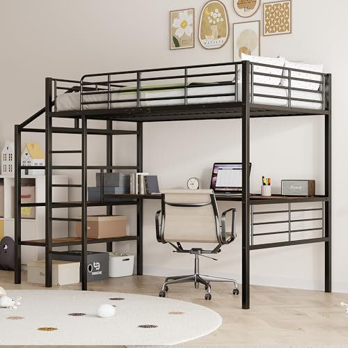 boorbin Letto a soppalco, 90 x 200 cm, senza materasso, scrivania, armadio aperto, scala a gradini per la conservazione, telaio in ferro (nero-2, 90 x 200 cm)