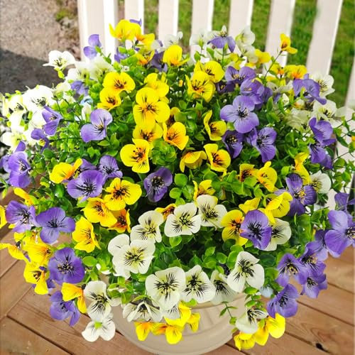 Mutcolor Pansies Artificial Flowers for Outdoors 12 Bundles Fake Silk Pansy Faux Plastic Plants UV Resistant for Home Outside Garden Planter Front Door Porch Yard Patio Decor (Purpleyellowwhite)