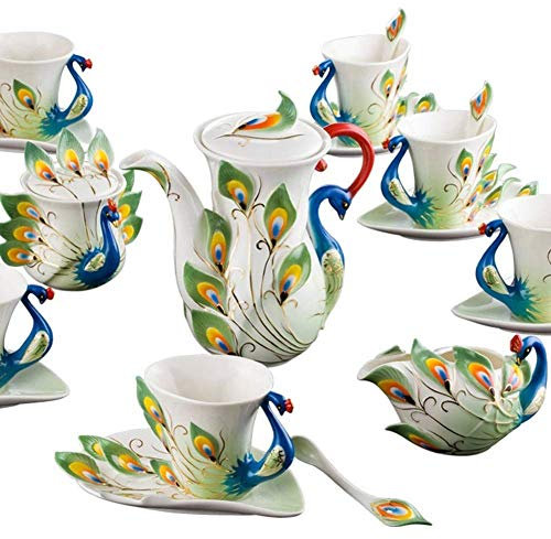WDSOPK Set di 21 Set da caffè E tè in Porcellana E Ceramica Creativa A Forma di Pavone con 1 Caffettiera, 6 Tazze, 6 Cucchiai, 6 Piattini, 1 Lattiera, 1 Zuccheriera per Regalo P