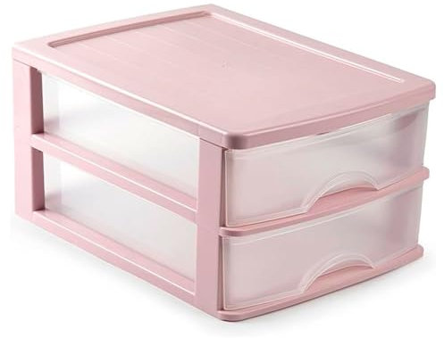 Acan Tradineur - Commode de bureau - 2 tiroirs transparents - Tour de rangement, armoire, salle de bain, bureau - Fabriqué en Espagne - 18 x 27 x 35,5 cm - Rose