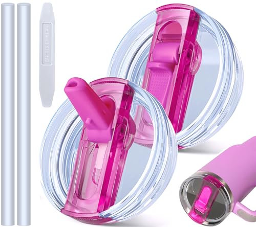 30oz Leakproof Lids for Stanley Cup - Tumbler Detachable Flip Straw Lid,Lids Replacement for Stanley Cups,Travel Cup Accessories,Set with Cover,Straw,Non Spill Lid, Detachable Tool (Rose-2PCS)
