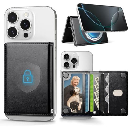 OCASE Portafoglio Magnetico con 5 Porta Carte, Protezione RFID, Ecopelle per iPhone Serie 16/15/14/13/12 (Esclusi Mini) e Cover Compatibili MagSaf - Nero