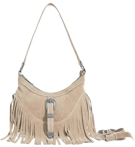 Sunwel Fashion Kleine Western Fransen Unterarmbörse Mini Hipppie Umhängetasche mit Quaste für Damen, Hautfarben, Medium