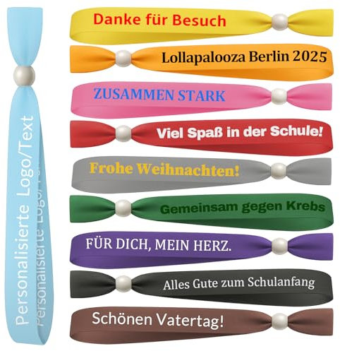 BEXOA Personalisierte Stoffarmbänder mit Text, Logo oder Symbol – Verstellbare Event-Armbänder für Partys, Festivals, Clubs, Konzerte & Veranstaltungen, 30 bis 1000 Stück