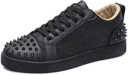 Men's Street & Punk Casual Sneakers: Metal Rivets, Black & White Studded Leather + Glitter Fabric, Lace - Up Comfortable Shoes (10.5,All Black)