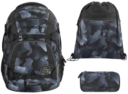 coocazoo MATE Schulranzen-Set 3tlg für Mädchen und Jungen ab der 4. Klasse mit Rucksack. Schlamperetui und Sportbeutel (Grey Rocks)