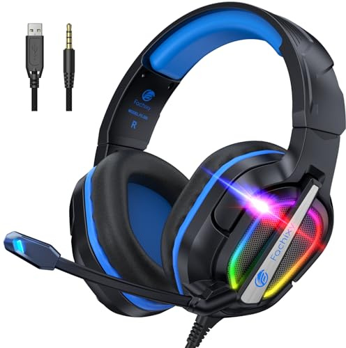 Fachixy FC200 Foldable Gaming Headset with ENC Mic, Gamer Headset for PS4, PS5, PC, Xbox, Switch, 3.5mm Wired Over-Ear Headphones with LED Lights - Blue