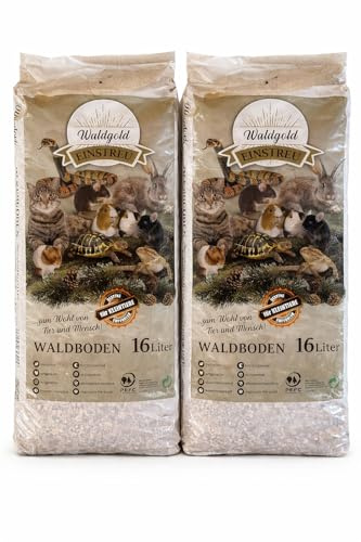 Waldgold Waldboden-Einstreu für Kleintiere, Kaninchen & Hamster 2 x 16 L | Natürliche Holzschnitzel, geruchsbindend, nachhaltige Naturstreu, ideal zum Buddeln & Erkunden, für Hamster, Nager, Kaninchen