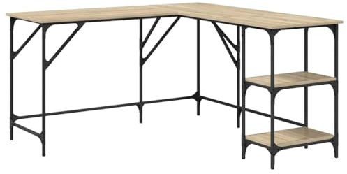 Makastle Bureau Gaming d'angle avec Cadre Métallique, Table Informatique avec Étagère à 2 Niveaux pour Salon Chambre, Chêne Sonoma 139x139x75 cm Bois d'Ingénierie