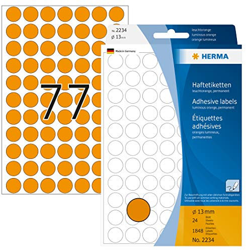 HERMA 2234 Punktaufkleber Klebepunkte leuchtorange, 1848 Stück, Ø 13 mm, 77 pro Bogen, selbstklebend, Markierungspunkte für Kalender Planer Basteln, matt, blanko Papier Farbpunkte Aufkleber