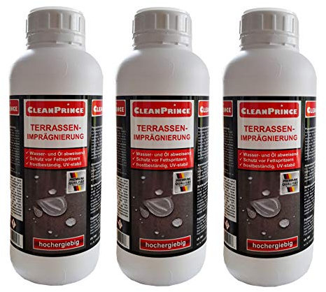 3 x 1 Litre = 3 cleanprince Terrassen-Imprägnierung 1000 ML Water-Repellent Ölabweisend Terraces Waterproofing Fleckschutz Stone Impregnation Dressings Panels Plates Floors Plastersteie