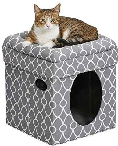 MidWest Homes for Pets Modèle 137-GYG Maison pour chat Cat Cube Cozy, Maison pour chat 39,37 x 39,37 x 41,91 cm (L x l x H), motif géométrique gris