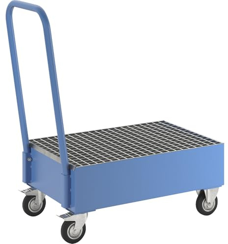 eurokraft basic | Fahrbare Auffangwanne aus Stahlblech | LxB 800 x 500 mm, 2 x 60-l-Fass stehend, blau RAL 5012