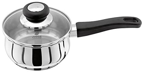 Judge Vista Stainless Steel Saucepan Medium 14cm 900ml, Shatterproof Vented Glass Lid, Induction Ready, Oven Safe, 25 Year Guarantee