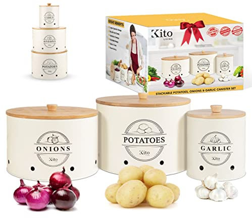 Kito Living Dosen-Sets für Küchentheke, 3-teiliges Set für Knoblauchkartoffeln, Zwiebelhalter, Organisation und Aufbewahrung mit Holz-Bambusdeckeln, Küchenorganisation (cremefarben)