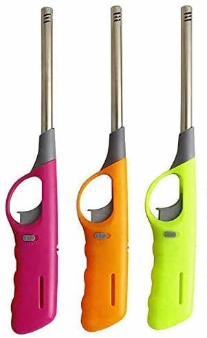 R2K® 3 Pack Kitchen BBQ Lighter Candle Gas Cooker Oven Stove Barbecue Clicker Long Lighter Camping Refillable Fire Stem Gas Safety Lock Lighters, Pink, Black, Blue, Red, White, Yellow, Fuchsia