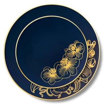 Decor Decorline - Ensemble Vaisselles d'assiettes Plastic Réutilisables de 32 pièces/Pour 16 Personnes - Collection Orchid - Bleu Royal/Doré - Assiettes Dîner & Entrée Dessert (16x26cm & 16x19cm)