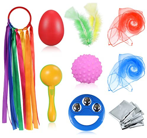 11 Pcs Baby Sensory Toys Include Dance Scarves, Foil Blanket, Feather, Ribbon, Maraca, Bell, Egg Shaker, Textured Ball and Storage Bag for Baby Gifts Party Activity Children Movement Play Supplies