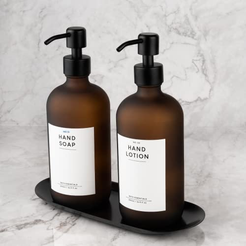 MONOKO Lot de 2 distributeurs de savon noir mat en verre avec plateau | 500 ml distributeur de liquide vaisselle de cuisine | Bouteilles à remplir | Tête de pompe en acier inoxydable | Flacon pompe +