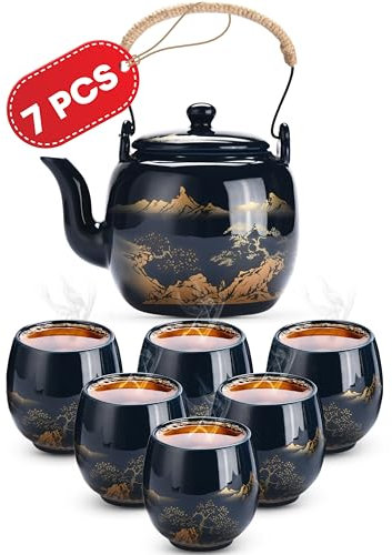 Kitchtic Japanische Teekannen-Sets für Erwachsene - Traditionelle japanische Teekannen - Dekorative Teekanne und Tassen Set für Teeliebhaber, Hochzeiten oder Einweihungsfeiern - 7er Set - Blau